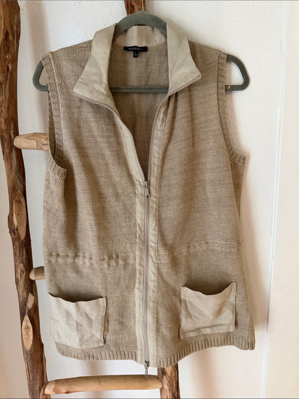 Lafayette 148 Tan Beige Zip-Front Hemp Knit Zip Front Neutral Casual Vest Large